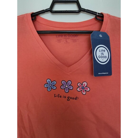 Women's Life is Good Flowers Coral Pink Orange V-Neck Short Sleeve Crusher Tee L - Picture 2 of 5